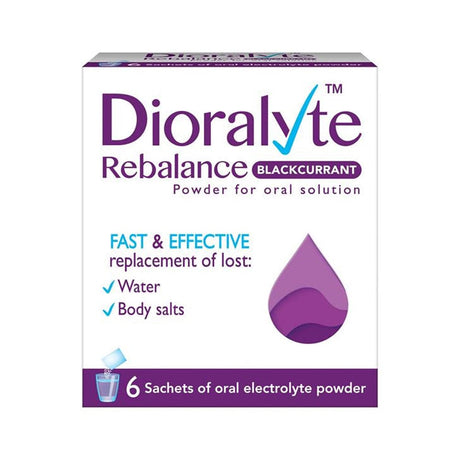 Meaghers Pharmacy Rehydration Salts Dioralyte Rebalance Blackcurrent 6 Sachets