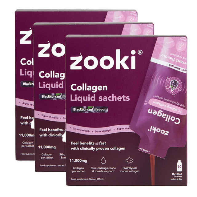 Zooki Vitamins & Supplements Zooki Collagen Super Strength Blackcurrant Trio Bundle 90 Sachets